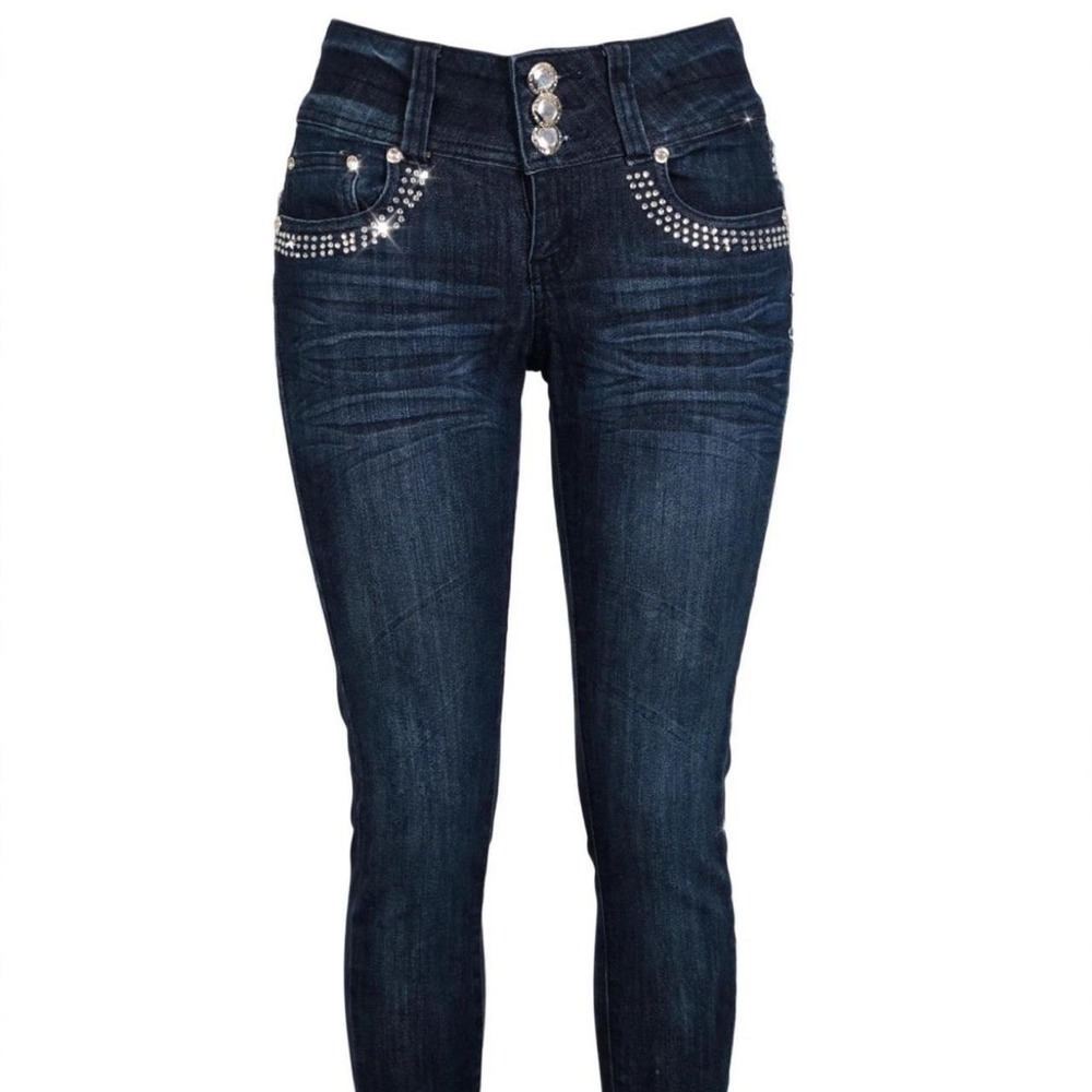 Rock & Love Jeans Womens 1 Dark Wash Skinny Bling Rhinestone Y2K Low Rise